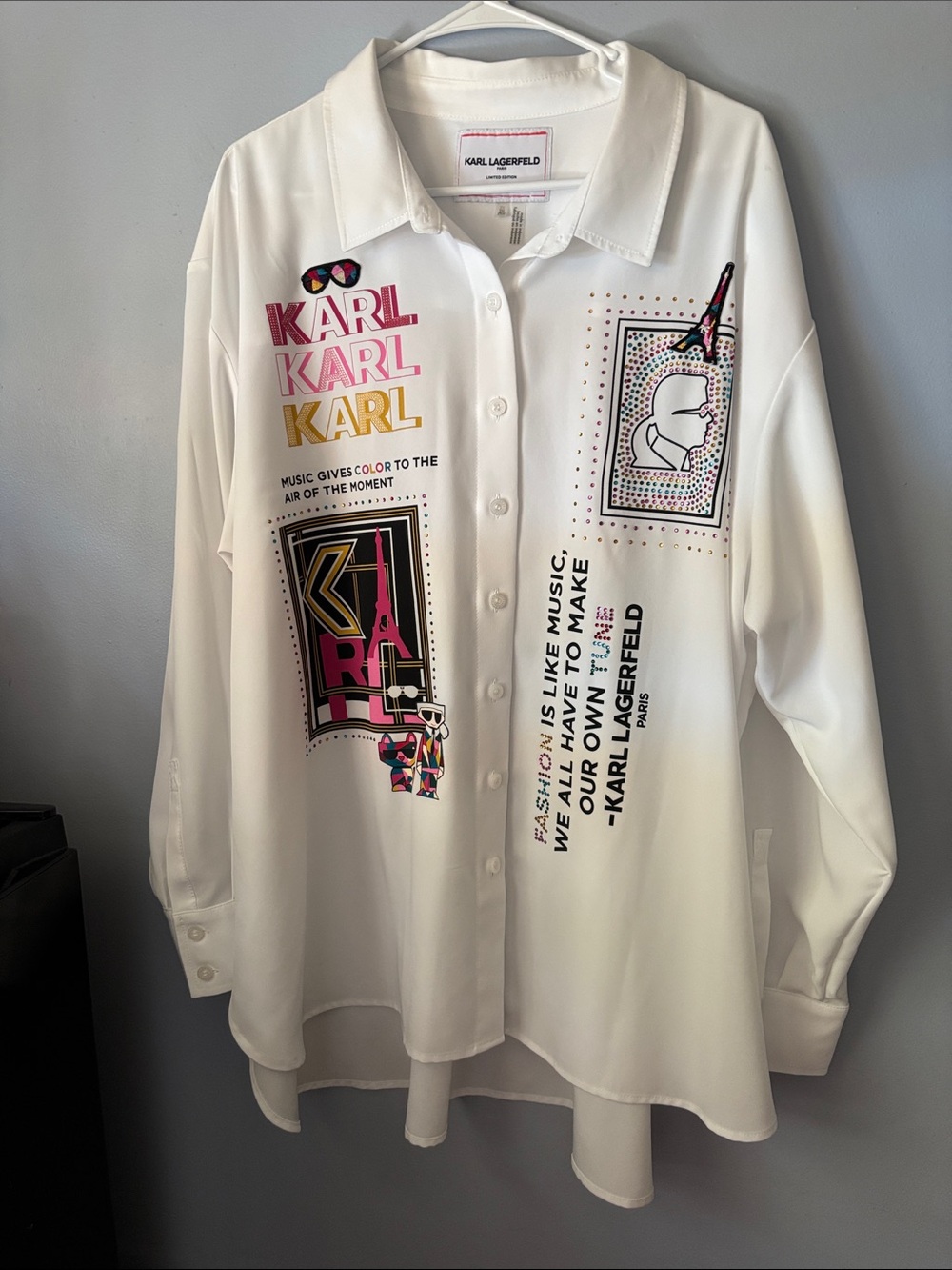 Karl Lagerfeld White Graphic Button-Down Shirt with Pink & Yellow Accents